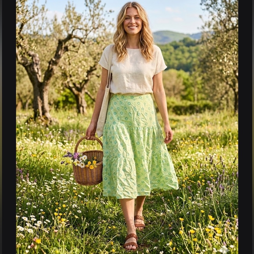 Banana Republic Y2k Green Floral Silk Midi  lowrise Peasant Skirt Size 12